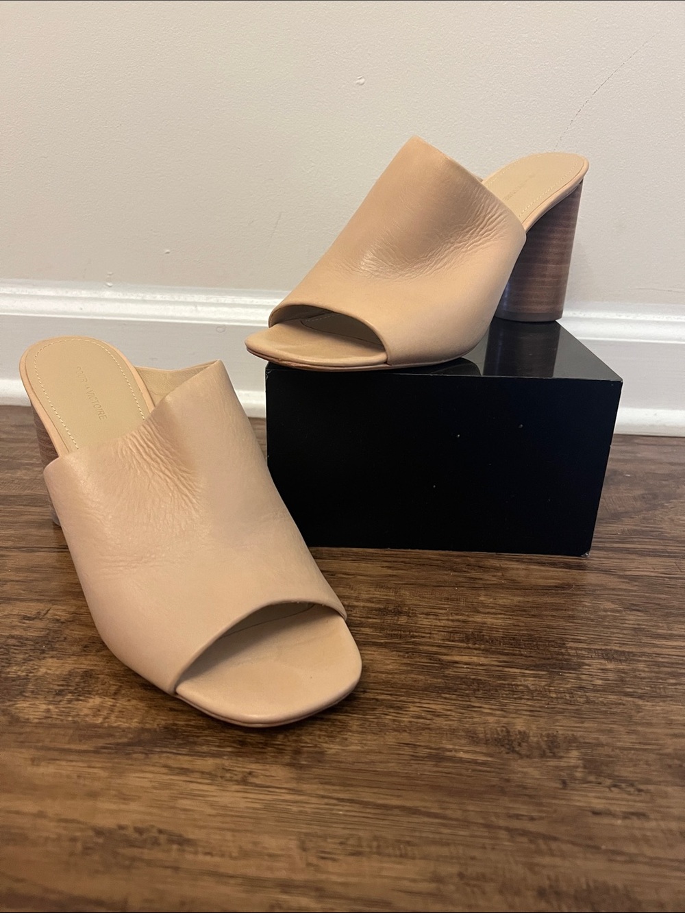 Pour La Victoire Nude Leather Open-Toe Mules with Stacked Heel